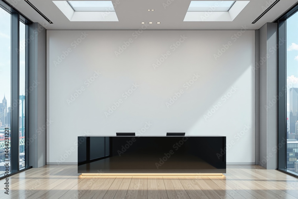 Sleek minimalist office reception desk in a modern interior with skylight ceiling, wood floor, and city view background, symbolizing creative architecture. Ai generative Sleek minimalist office reception desk in a modern interior with skylight ceiling, wood floor, and city view background, symbolizing creative architecture. Ai generative