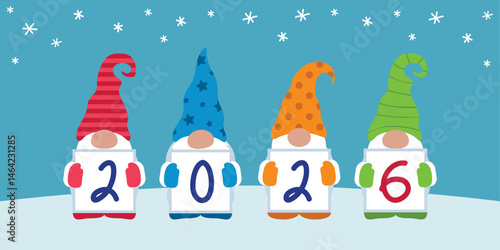 christmas and new year greeting card 2026 cute christmas dwarf vector illustration