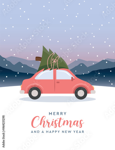 christmas greeting card with car and christmas tree on snowy landscape vector illustration