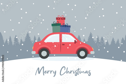 christmas greeting card with car and gifts on snowy winter landscape vector illustration