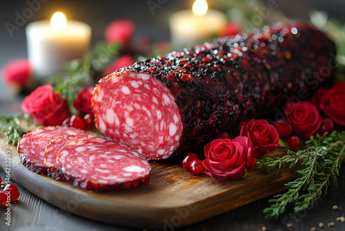 Obraz na płótnie Romantic Holiday Dinner: Sliced Salami with Red Roses and Candles for a Special Occasion w salonie