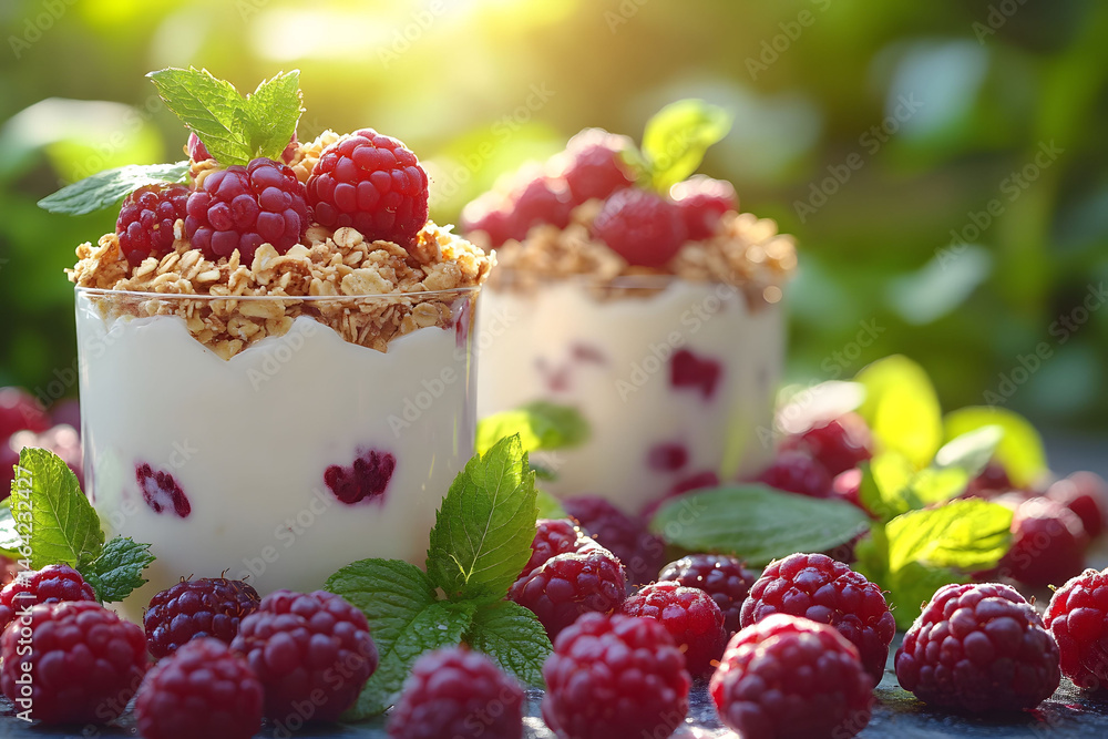 Fresh Raspberry Parfait with Granola and Mint in a Sunny Garden Setting for Healthy Breakfast