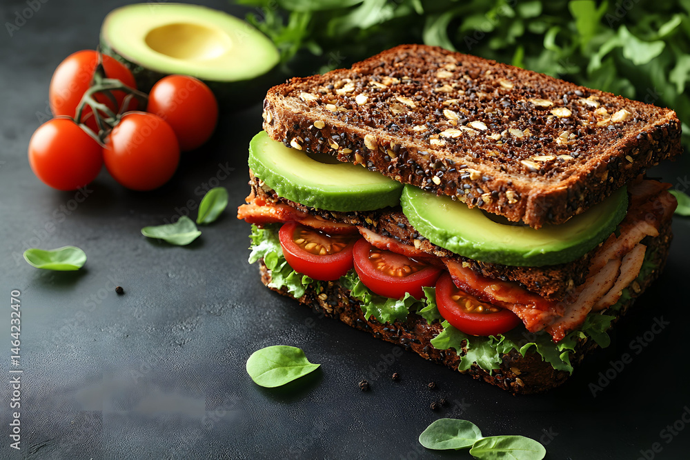 Healthy Avocado and Turkey Sandwich with Fresh Veggies on Whole Grain Bread