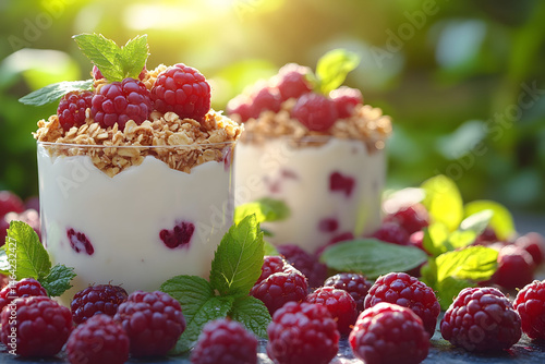 Obraz na płótnie Fresh Raspberry Parfait with Granola and Mint in a Sunny Garden Setting for Healthy Breakfast w salonie