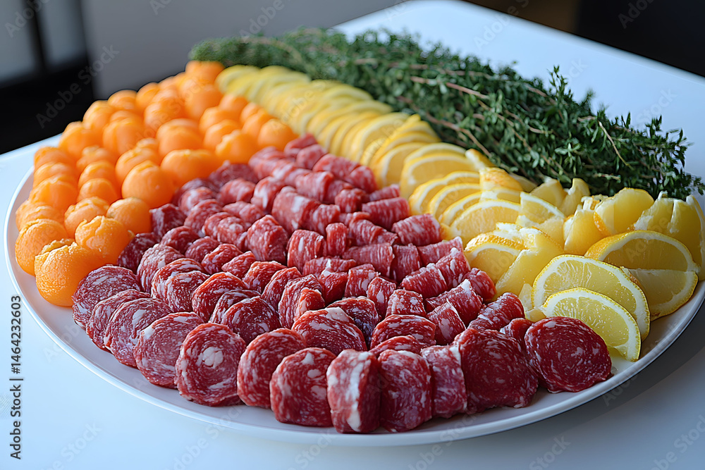 Gourmet Charcuterie Arrangement with Citrus and Fresh Herbs for Catering and Events