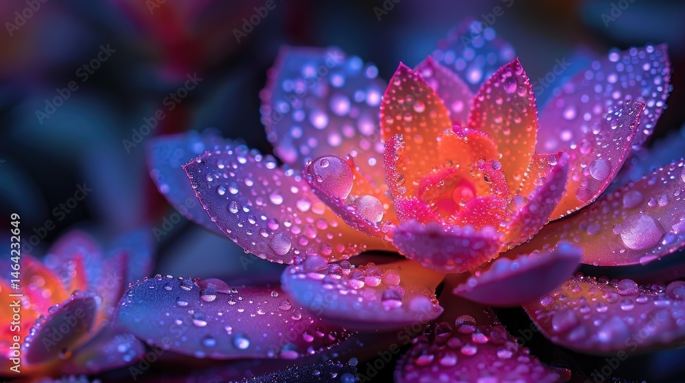 A vibrant close-up of a water-drenched succulent flower with colorful petals. A vibrant close-up of a water-drenched succulent flower with colorful petals.