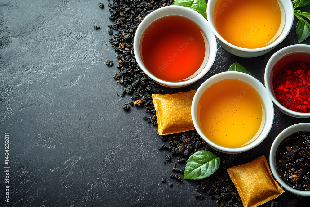 Assorted Herbal Teas and Loose Leaves on Dark Stone Background for Beverage Inspiration