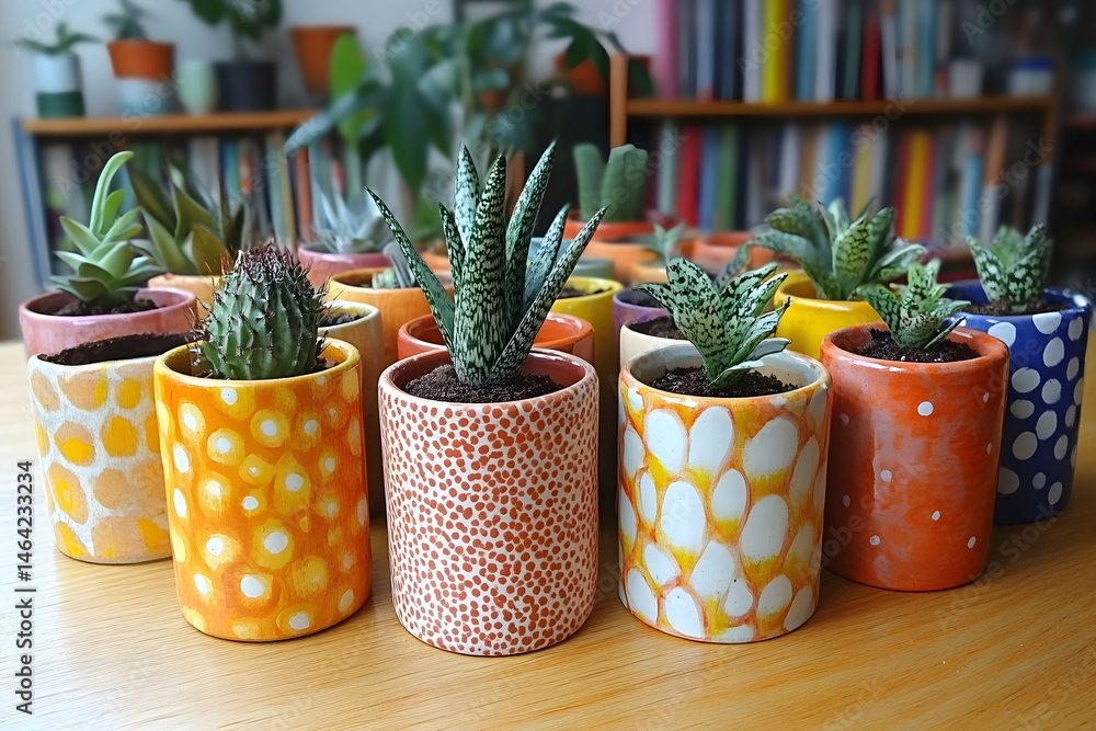 Vibrant Indoor Plant Arrangement in Colorful Hand-Painted Pots for Home Decor