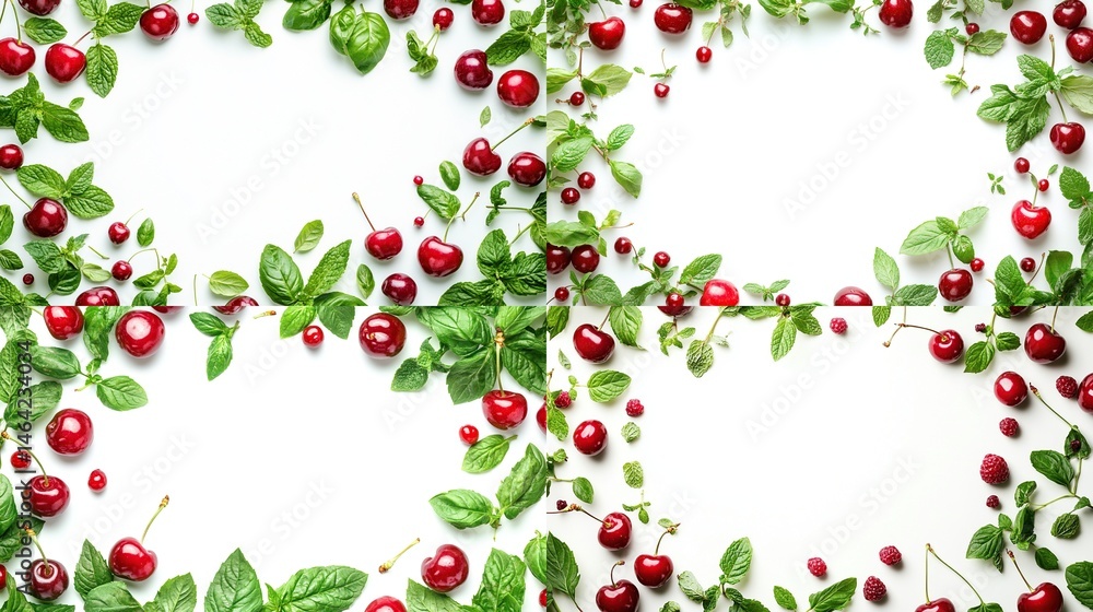 Fresh Cherries and Leaves in a Grid Pattern Fresh Cherries and Leaves in a Grid Pattern