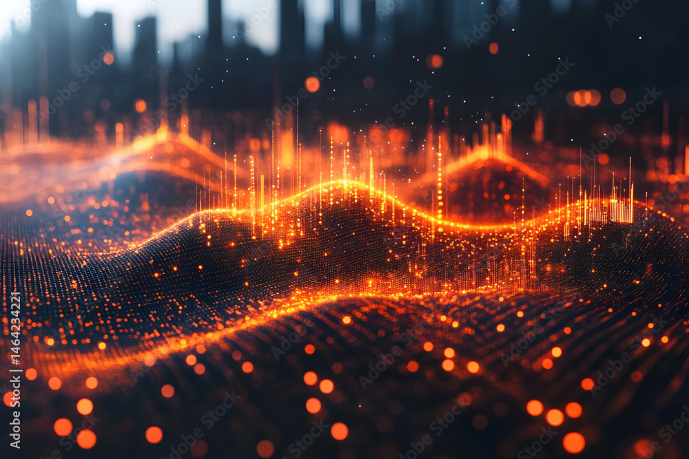 Digital Abstract Landscape of Glowing Neon Particles in Futuristic City