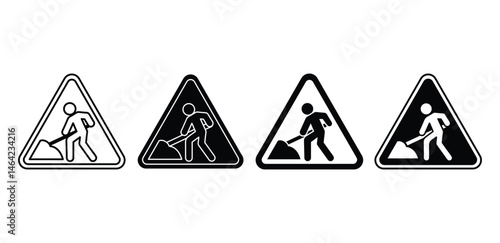 Construction Ahead Sign Icons Set Black and White Triangles Vector Graphic Design