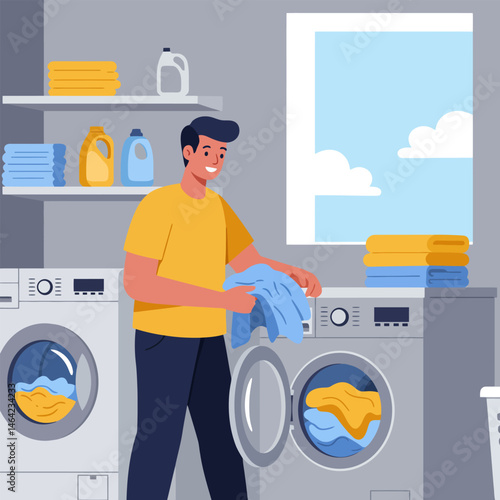 Man Doing Laundry at Home with Washing Machine and Towels