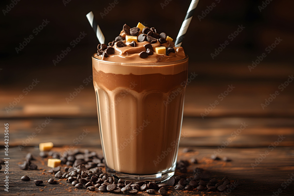 Chocolate Milkshake with Chocolate Chips and Straws on Rustic Wood Background