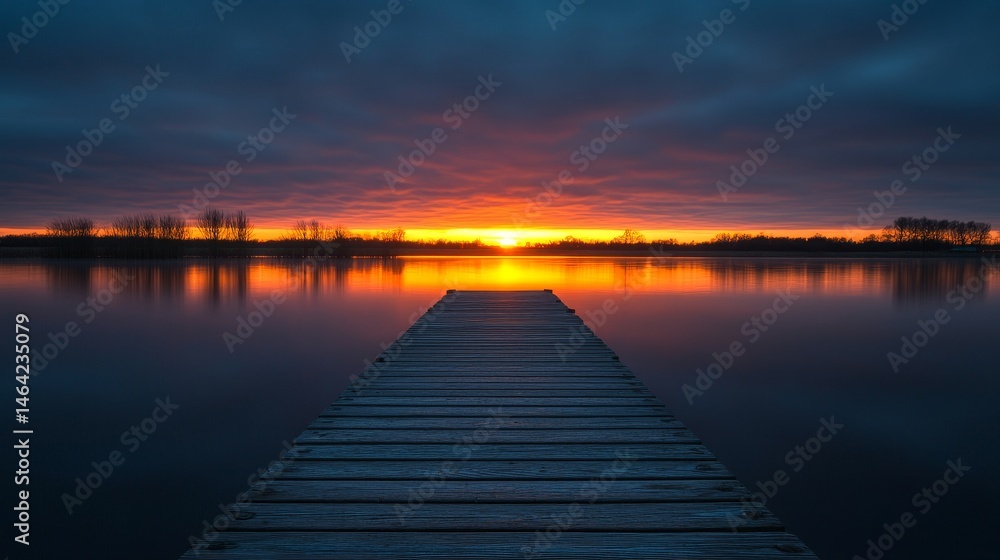 Fototapeta premium Tranquil sunset over water with wooden pier extending into the horizon. Sunsets and sunrises aesthetic, twilight, peaceful, atmosphere, cloudscape concept.