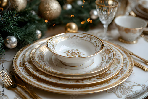 Elegant Holiday Dining Table Setting with Gold and White Dinnerware