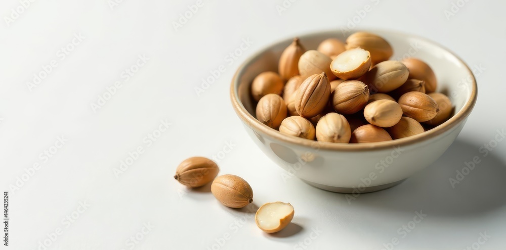 Ceramic bowl of shelled nuts on a white table, macro, table Ceramic bowl of shelled nuts on a white table, macro, table