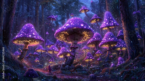 Glowing purple mushrooms growing a magical forest strange creatures wandering among them cinematic mystical ecosystem