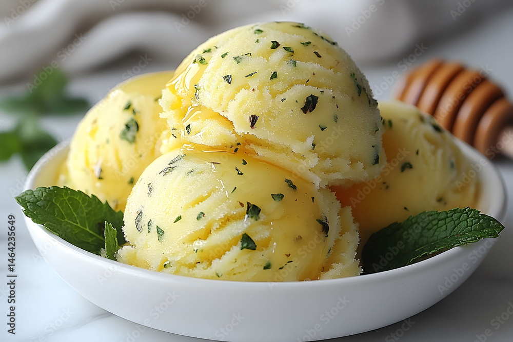 Refreshing Lemon Mint Sorbet Dessert with Honey Drizzle for Summer Treat