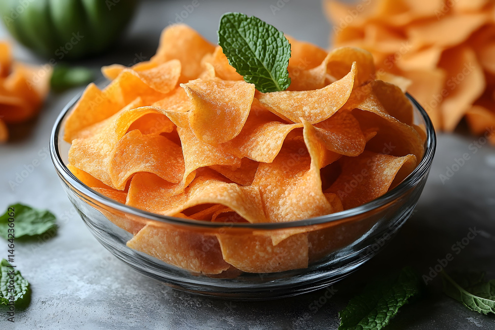 Fresh Sweet Potato Chips in Glass Bowl with Mint Garnish - Perfect for Culinary Display and Snack Concepts