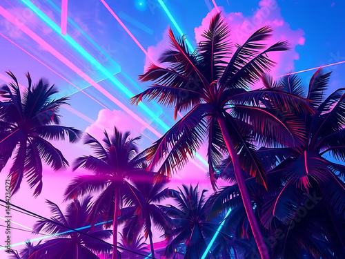 Futuristic tropical night scene with vibrant neon lasers, misty sky, synthwave glow, and swaying silhouetted palm trees