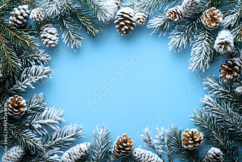 Festive Winter Holiday Background with Snow-Covered Pine Branches and Cones for Seasonal Design