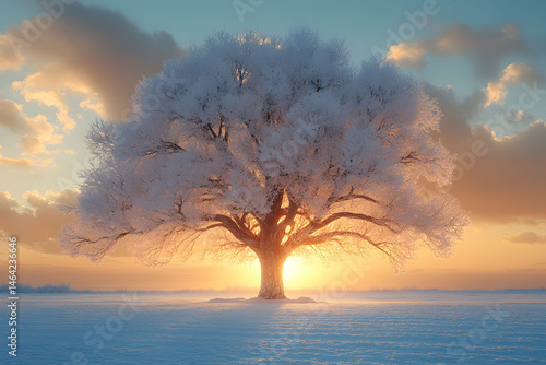 Obraz na płótnie Solitary Winter Tree at Sunset with Snow-Covered Branches in Scenic Landscape w salonie