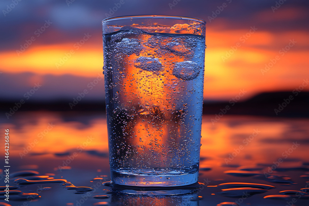 Refreshing Sparkling Water Against Vibrant Sunset for Beverage Photography