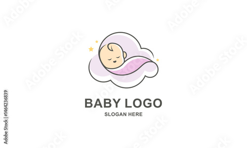 Cute Baby Mascot Logo. Sleeping Baby on Cloud, Sweet Dreams Illustration. Nursery and Baby Brand Design