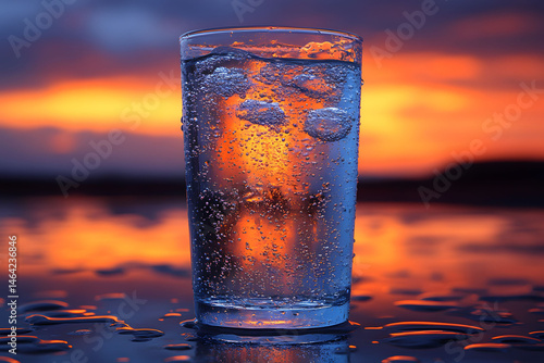 Obraz na płótnie Refreshing Sparkling Water Against Vibrant Sunset for Beverage Photography w salonie