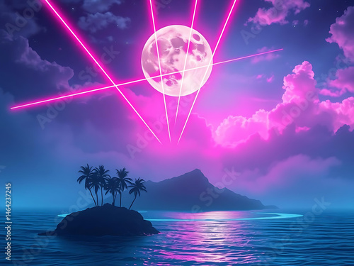 Glowing palm trees under neon skies, lasers and waveforms dance above a calm, vibrant tropical ocean