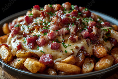 Obraz na płótnie Gourmet Loaded Fries with Melted Cheese and Bacon for Comfort Food Lovers w salonie