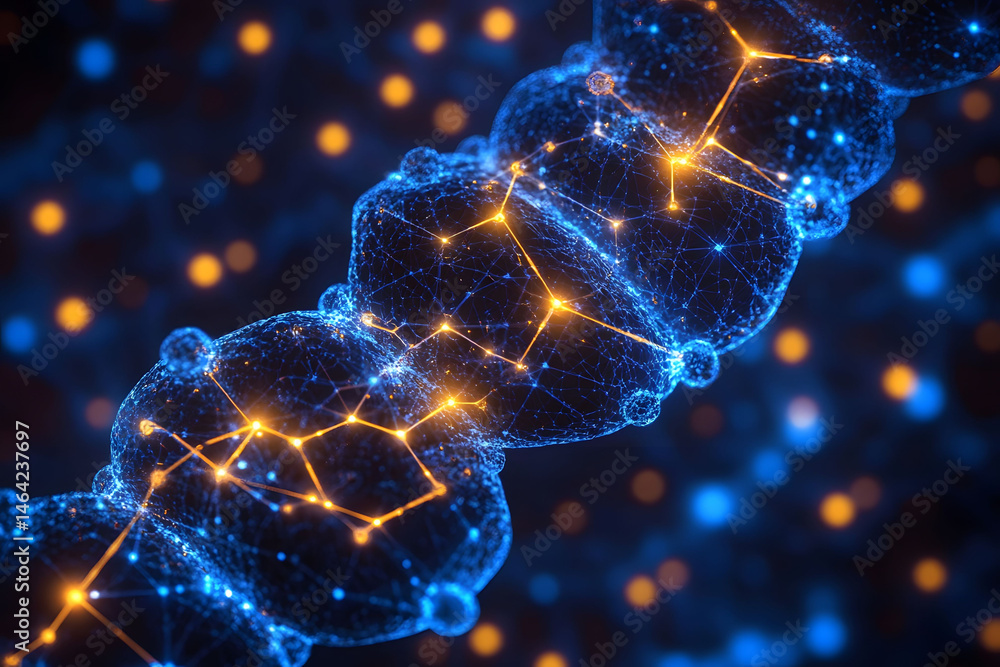 Futuristic DNA Helix Visualization with Digital Network Connections