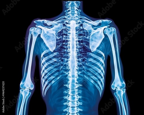 Posterior view of human upper body skeletal structure, x-ray image