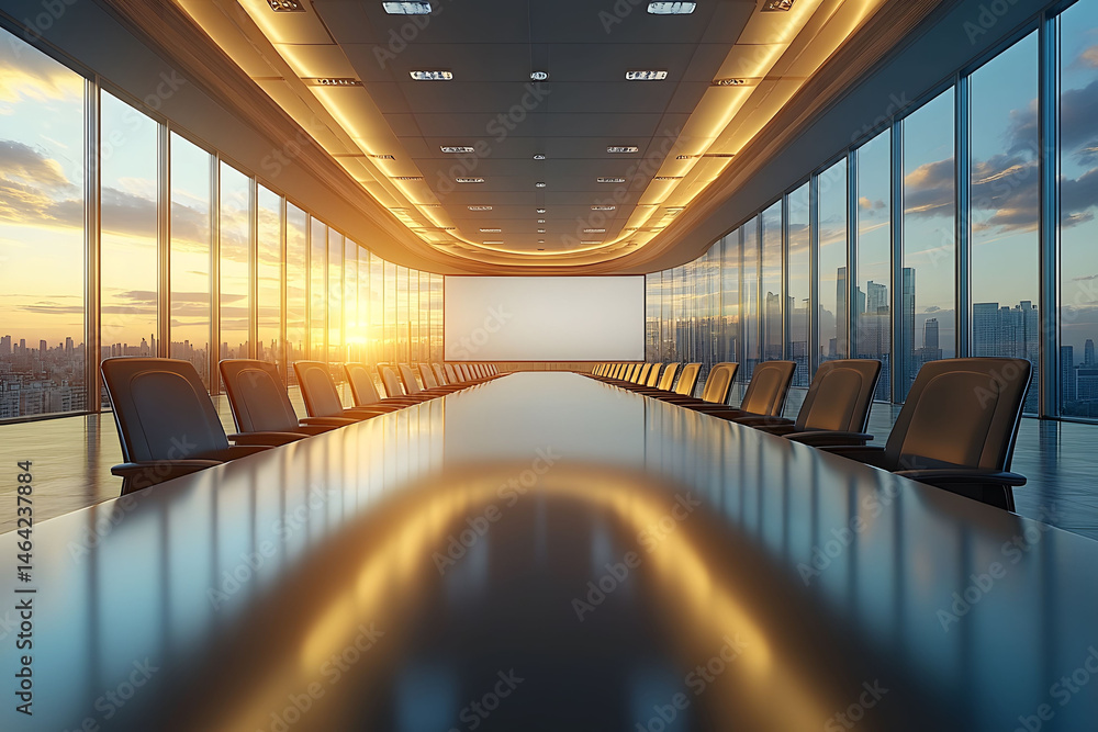 Modern Corporate Boardroom at Sunset with City Skyline - Ideal for Business Meetings and Presentations
