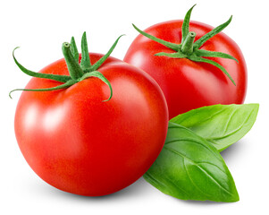 Tomato isolated png. Tomatoes with basil leaf on white or transparent background. Perfect retouched png tomato no background. Whole tomato with leaves. Full depth of field.