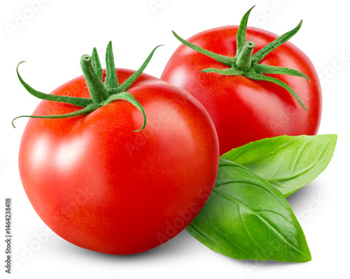 Tomato isolated png. Tomatoes with basil leaf on white or transparent background. Perfect retouched png tomato no background. Whole tomato with leaves. Full depth of field.