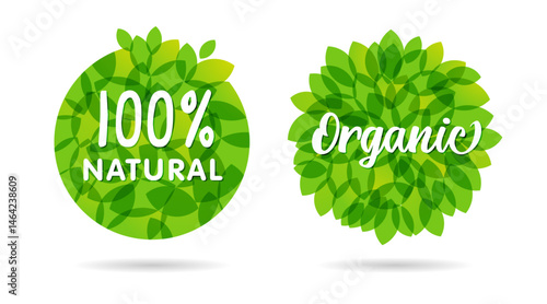 Set of round green labels with transparent leaves and white backdrop. 100 percent natural icon concept. Organic product label design. Creative circle with plant elements and isolated clipping mask.