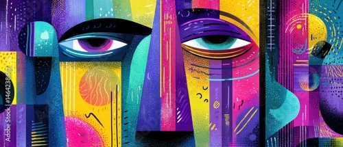Abstract face art with vibrant colors and geometric shapes, modern artistic expression of human portrait with cubism and surrealism elements