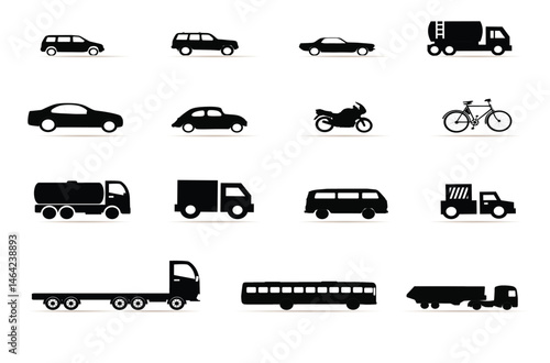 This vector illustration features a transportation icons set, a collection of auto and vehicle symbols including car, truck, bus, and van silhouettes for delivery and traffic design