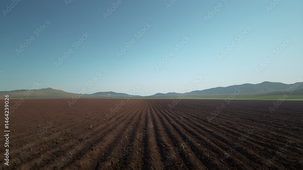 Vast Expanse of Freshly Tilled Land Under a Clear Sky Awaits New Crops