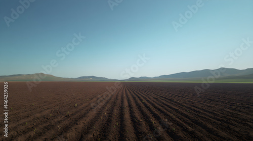 Obraz na płótnie Vast Expanse of Freshly Tilled Land Under a Clear Sky Awaits New Crops w salonie