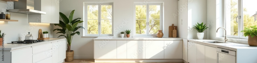 Fototapeta premium All-white kitchen with breakfast bar, window view, home decor, spacious