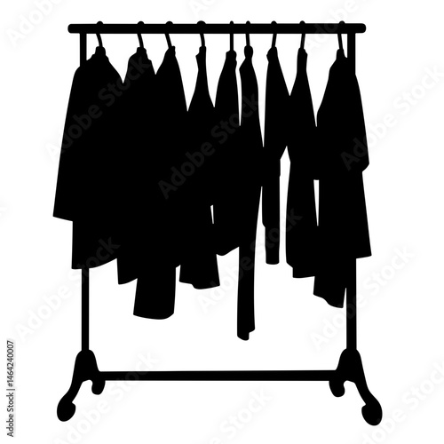 Silhouette of Clothing Rack with Mixed Garments, Black and White, Eco Trend in Second-hand Fashion