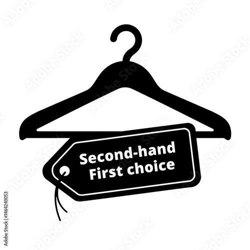 Silhouette of hanger with "Second-hand, First Choice" tag, black and white, eco-friendly fashion concept