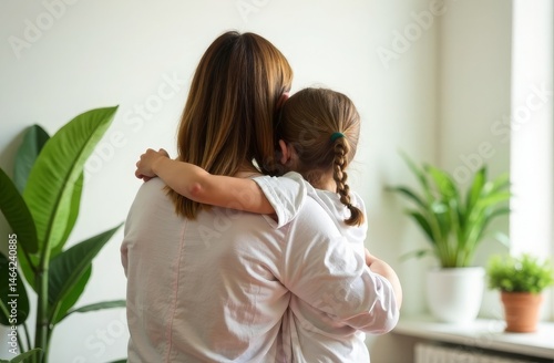 A mother hugs her daughter in a white interior, standing with her back to the camera. Mother's Day, the love of mother and daughter.