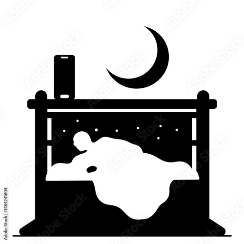 Silhouette of Sleep Station with Audio App and Moon Icon, Black and White, Sleep Tourism Concept