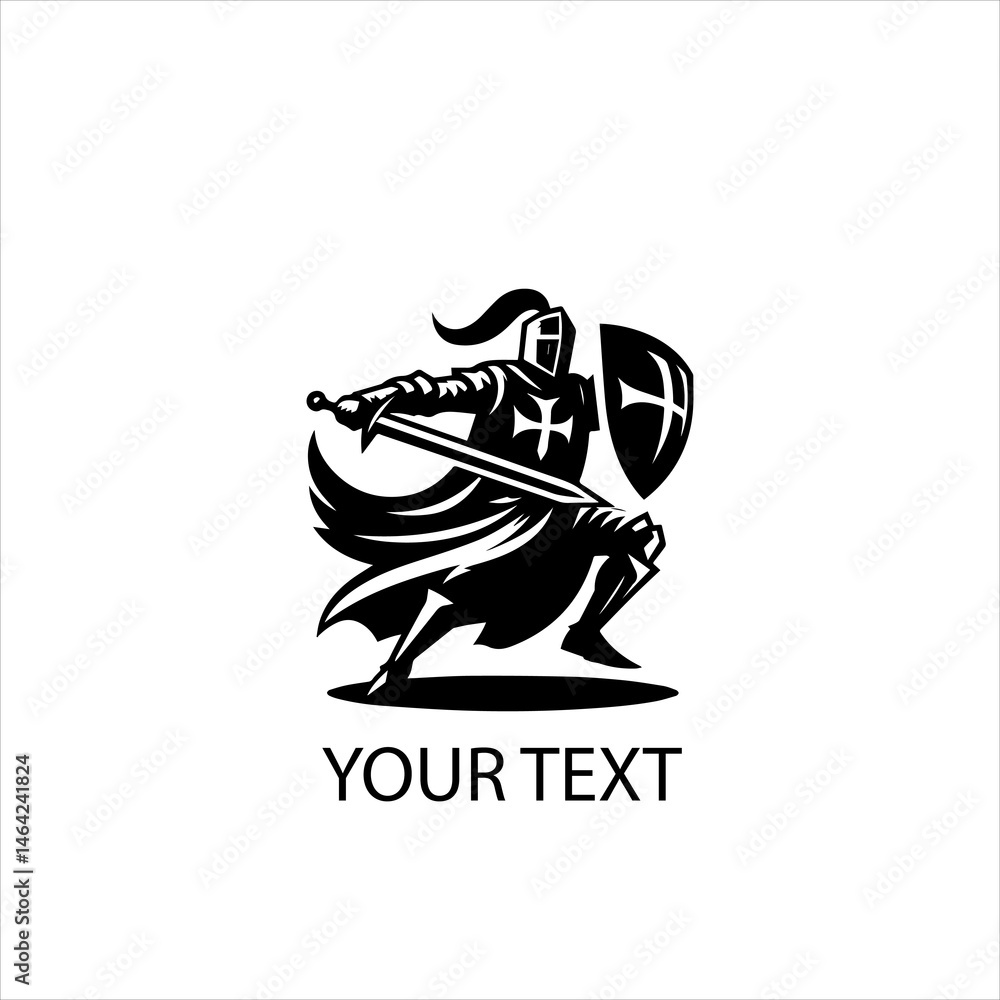 Fototapeta premium Full Body Templar Knight Fighting Pose Vector Logo Silhouette Isolated on White Background