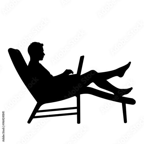 Silhouette of person relaxing with laptop on lounge chair, remote work and digital nomad lifestyle concept