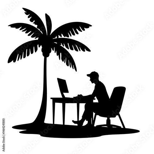 Silhouette of person working at beach desk with palm tree, digital detox and workation concept