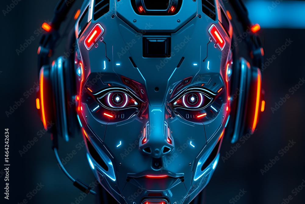 Futuristic robotic face with glowing circuitry and headset for AI, Generative AI Futuristic robotic face with glowing circuitry and headset for AI, Generative AI